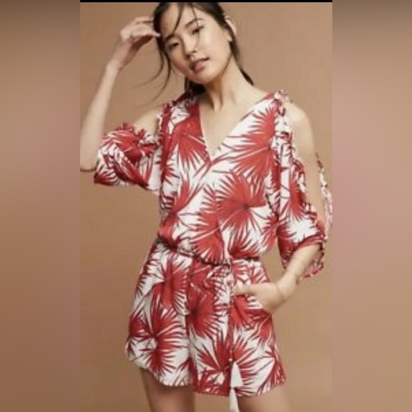 bishop + young Pants - Anthropologie Red Palm Leaf Romper By Bishop + Young Large